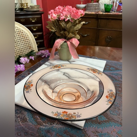Vintage Pink Satin Glass Reverse Painted Floral Pattern Rim Console Bowl - Picture 1 of 10
